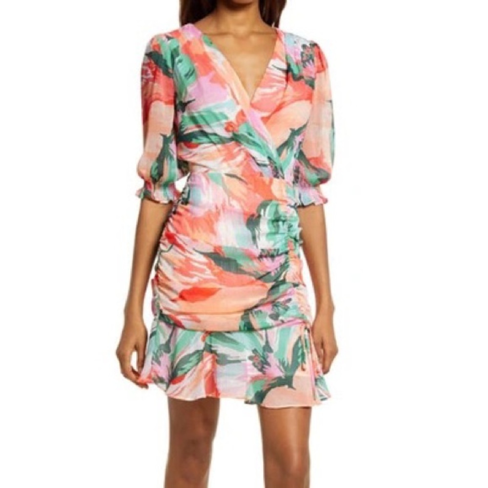 Adelyn Rae Floral Metallic Stripe Chiffon Minidress, Medium